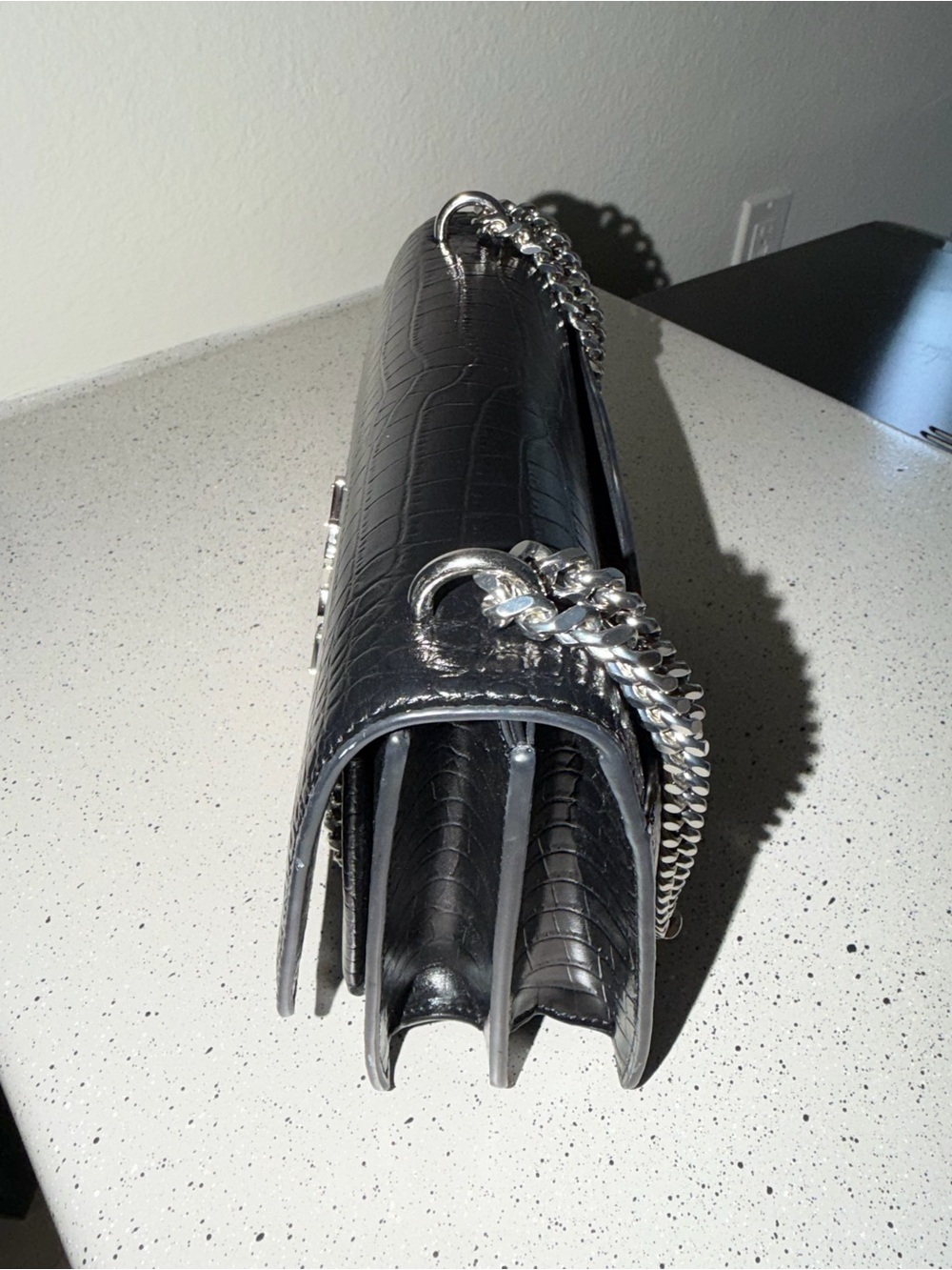 Saint Laurent Black Croc-Embossed Shoulder Bag with Silver YSL Hardware - Picture 7 of 9